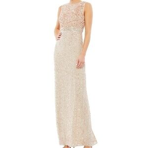 NWT Mac Duggal 93603 Sequined High Neck Sleeveless Column Gown Nude Size 2